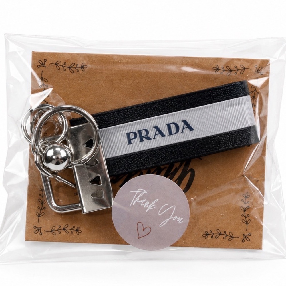 Prada Unisex Black Vintage Upcycled Logo Keychain Wristlet Bag Charm NWT